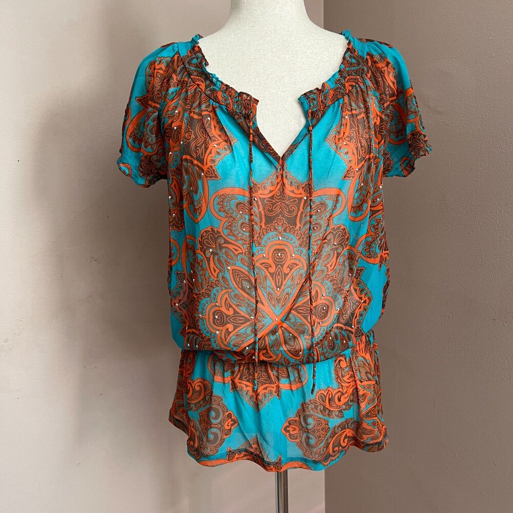 Y2K INC International Concepts Sheer Paisley Blouse Teal Orange Boho M